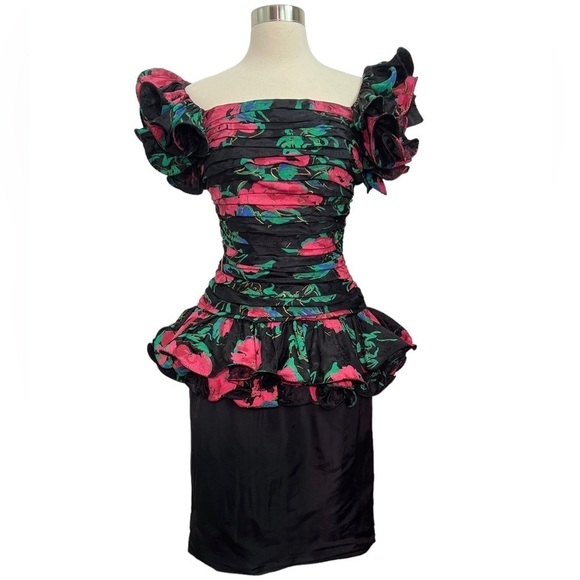 Vintage 80’s 90’s Tadashi Floral Off The Shoulders Pleated Ruffle Party Dress 4 - Picture 1 of 16